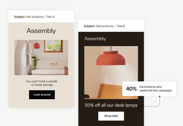 Two A/B tested emails with slightly different designs, and a note from Mailchimp showing which one people responded best to.