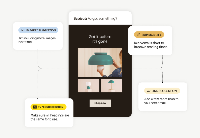 Suggestions from Mailchimp’s Content Optimizer, such as making sure header sizes are consistent, or adding more images.