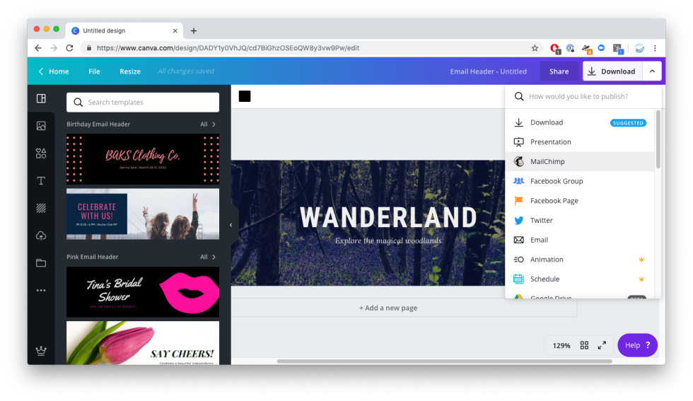 Image of design dashboard with save option to Mailchimp