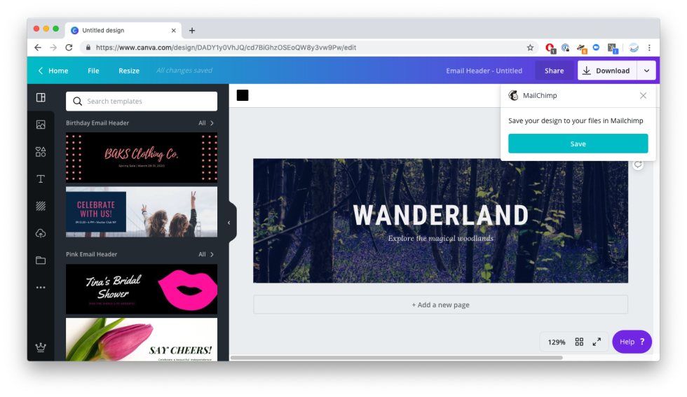Design dashboard with option to save directly into Mailchimp